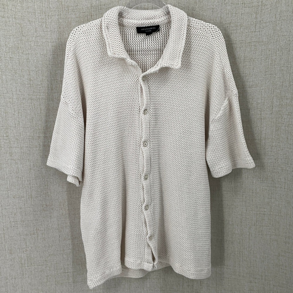 AllSaints Munroe Shirt Mens XL Cream Cotton Open Knit Luxury Minimalist